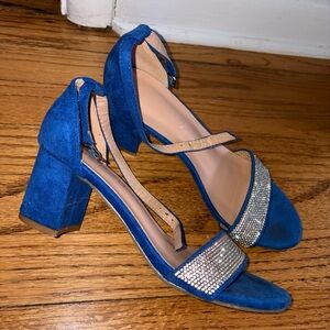 Elegant Blue Suede Women's Heels with Rhinestone Detail
